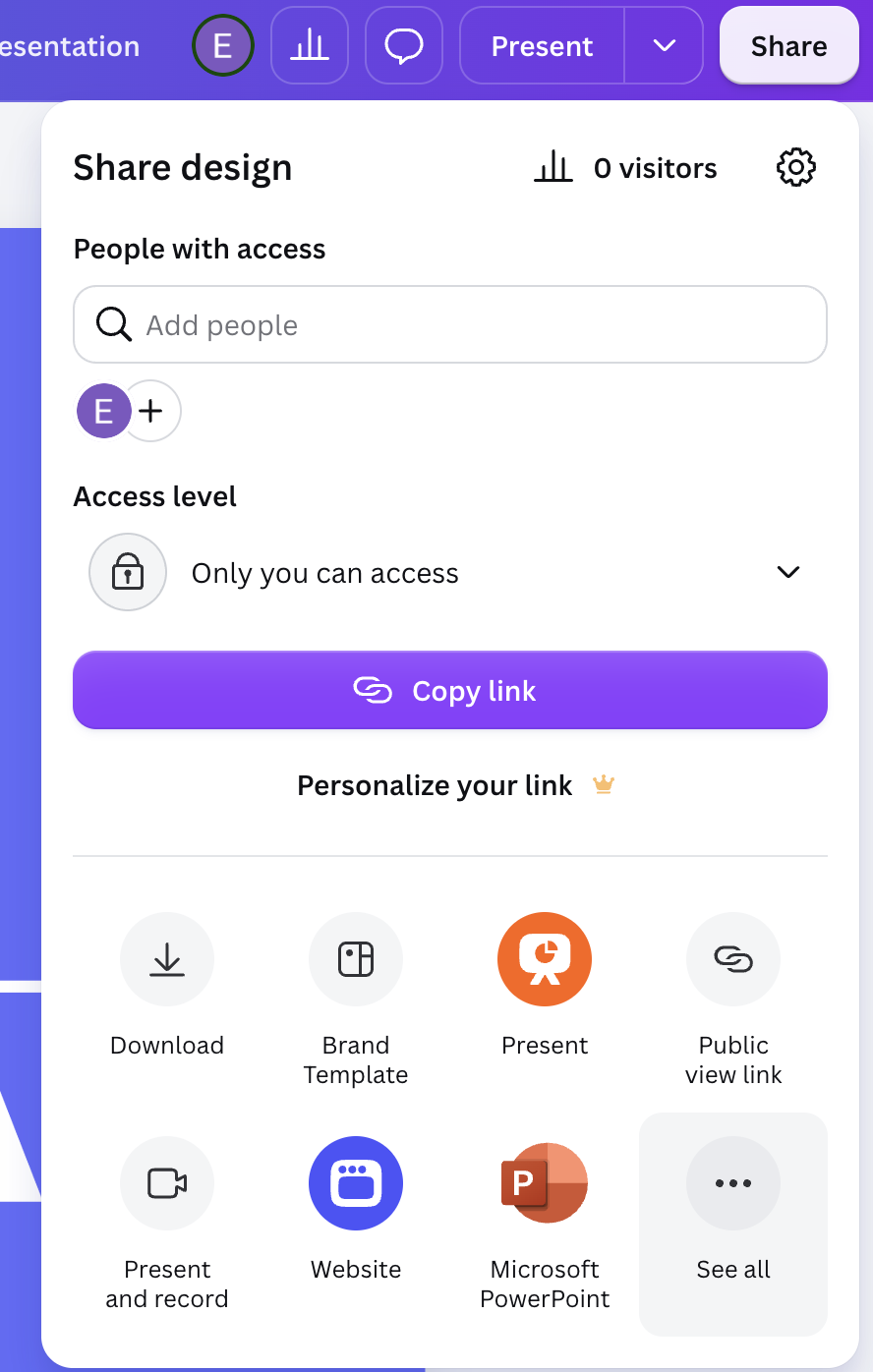 Sharing design options with access levels and link customization features displayed.
